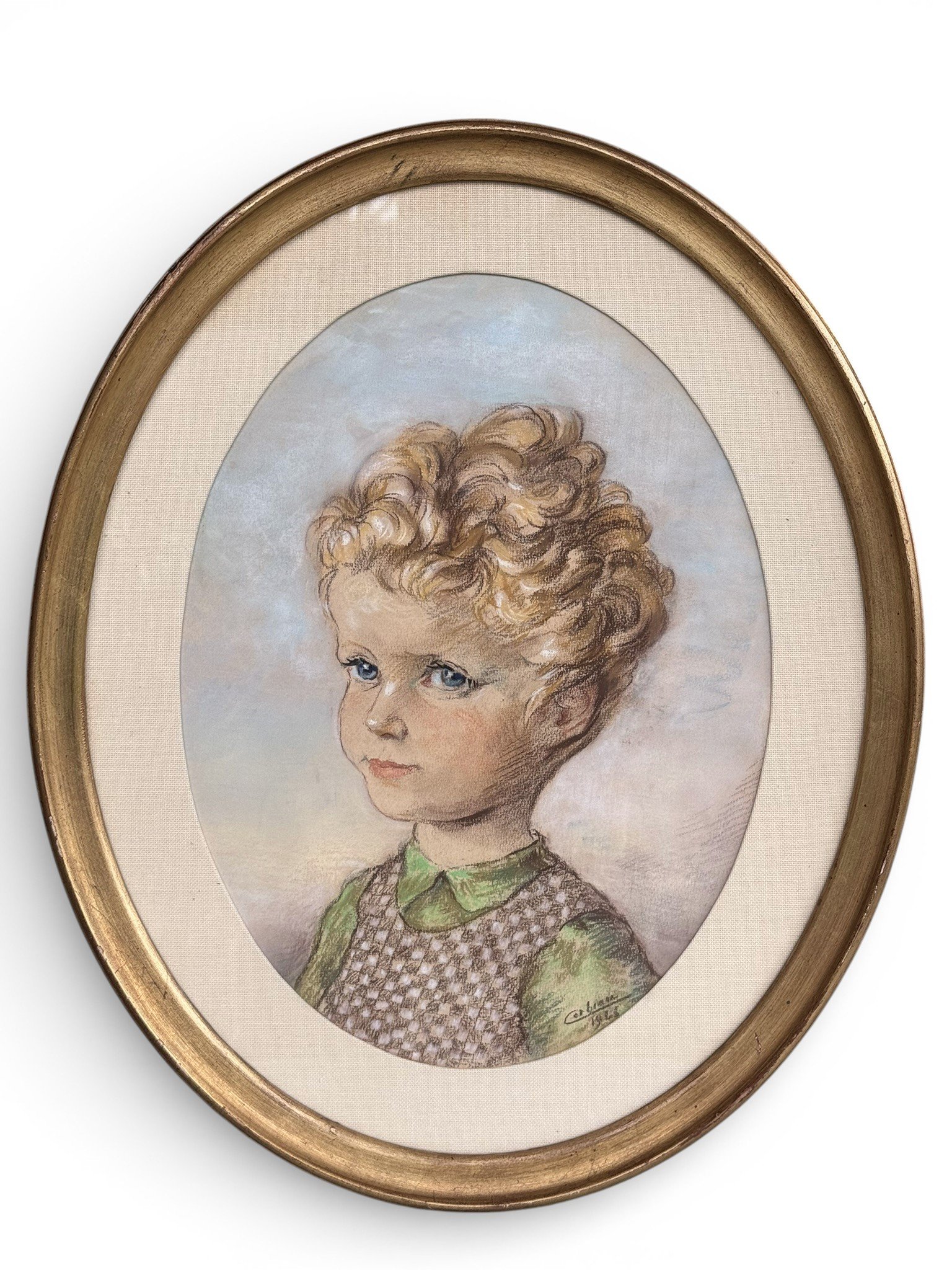 Antique 1926 Pastel Portrait of a Child
